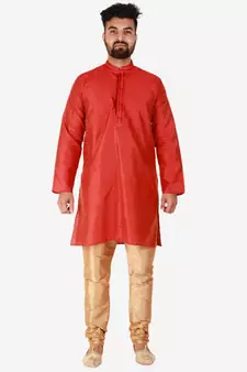 Red Printed Silk Kurta Pajama & Waistcoat Set For Mens