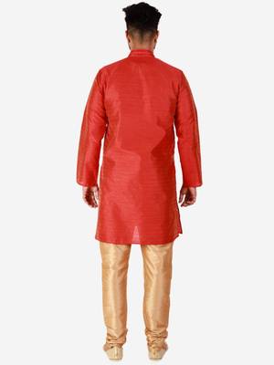 Red Printed Silk Kurta Pajama & Waistcoat Set For Mens 4