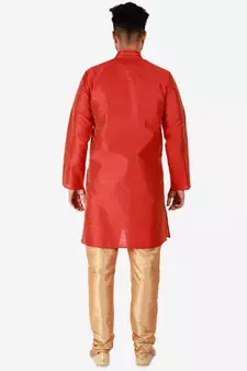 Red Printed Silk Kurta Pajama & Waistcoat Set For Mens