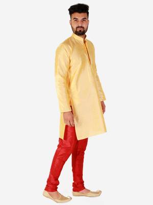Yellow Printed Silk Kurta Pajama & Waistcoat Set For Mens 1