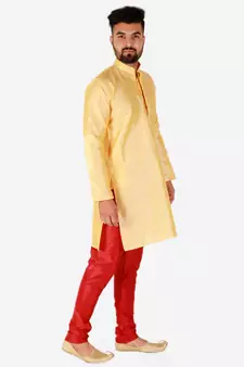 Yellow Printed Silk Kurta Pajama & Waistcoat Set For Mens