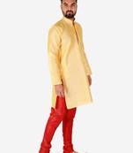 Yellow Printed Silk Kurta Pajama & Waistcoat Set For Mens