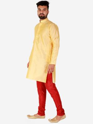 Yellow Printed Silk Kurta Pajama & Waistcoat Set For Mens 2
