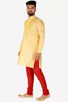 Yellow Printed Silk Kurta Pajama & Waistcoat Set For Mens