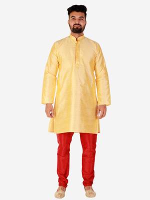Yellow Printed Silk Kurta Pajama & Waistcoat Set For Mens 3