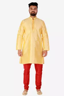 Yellow Printed Silk Kurta Pajama & Waistcoat Set For Mens