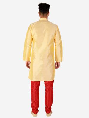 Yellow Printed Silk Kurta Pajama & Waistcoat Set For Mens 4