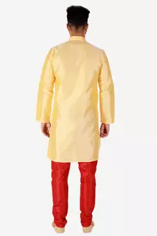 Yellow Printed Silk Kurta Pajama & Waistcoat Set For Mens