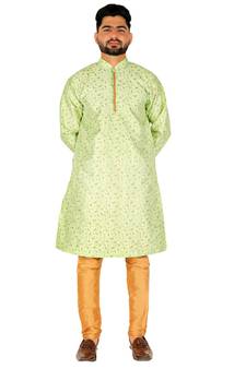 Green Printed Silk Kurta Pajama & Waistcoat Set For Mens