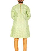 Green Printed Silk Kurta Pajama & Waistcoat Set For Mens