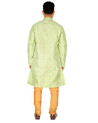 Green Printed Silk Kurta Pajama & Waistcoat Set For Mens 2