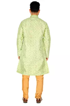 Green Printed Silk Kurta Pajama & Waistcoat Set For Mens