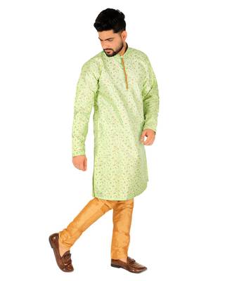 Green Printed Silk Kurta Pajama & Waistcoat Set For Mens 3