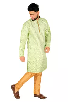 Green Printed Silk Kurta Pajama & Waistcoat Set For Mens