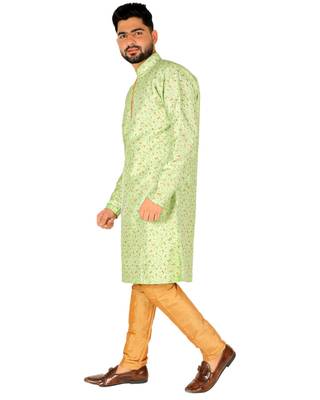 Green Printed Silk Kurta Pajama & Waistcoat Set For Mens 4