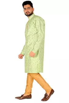 Green Printed Silk Kurta Pajama & Waistcoat Set For Mens