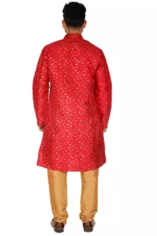 Maroon Printed Silk Kurta Pajama & Waistcoat Set For Mens