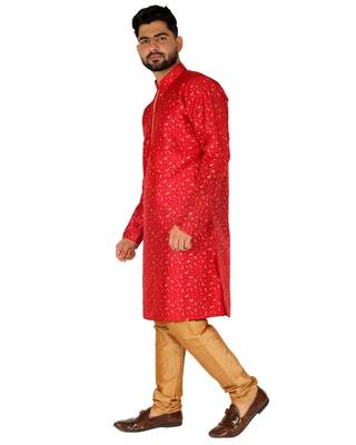 Maroon Printed Silk Kurta Pajama & Waistcoat Set For Mens 1
