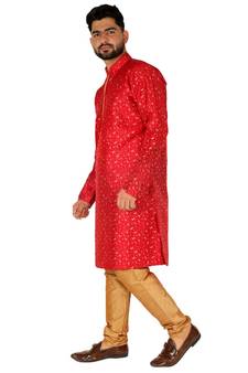 Maroon Printed Silk Kurta Pajama & Waistcoat Set For Mens