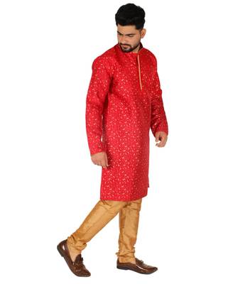 Maroon Printed Silk Kurta Pajama & Waistcoat Set For Mens 3