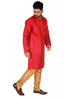 Maroon Printed Silk Kurta Pajama & Waistcoat Set For Mens