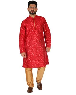 Maroon Printed Silk Kurta Pajama & Waistcoat Set For Mens 4