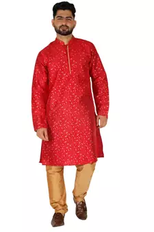 Maroon Printed Silk Kurta Pajama & Waistcoat Set For Mens