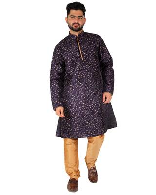 Navy Blue Printed Silk Kurta Pajama & Waistcoat Set For Mens 1