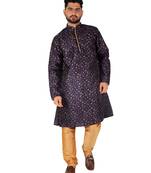 Navy Blue Printed Silk Kurta Pajama & Waistcoat Set For Mens