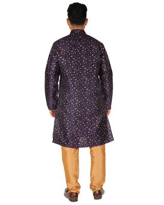 Navy Blue Printed Silk Kurta Pajama & Waistcoat Set For Mens 2