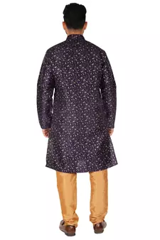 Navy Blue Printed Silk Kurta Pajama & Waistcoat Set For Mens