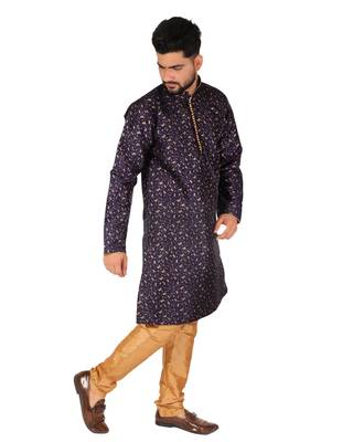 Navy Blue Printed Silk Kurta Pajama & Waistcoat Set For Mens 3