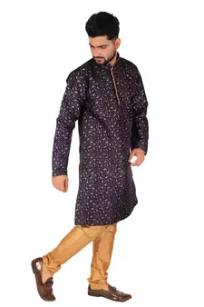 Navy Blue Printed Silk Kurta Pajama & Waistcoat Set For Mens
