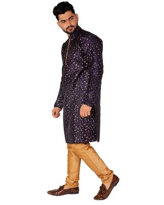 Navy Blue Printed Silk Kurta Pajama & Waistcoat Set For Mens 4