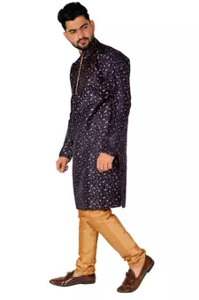 Navy Blue Printed Silk Kurta Pajama & Waistcoat Set For Mens