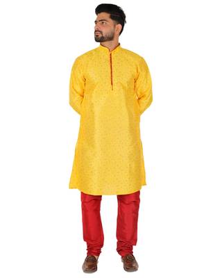 Yellow Printed Silk Kurta Pajama & Waistcoat Set For Mens 1