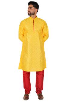 Yellow Printed Silk Kurta Pajama & Waistcoat Set For Mens