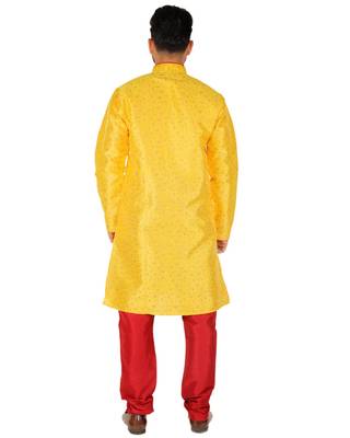 Yellow Printed Silk Kurta Pajama & Waistcoat Set For Mens 2