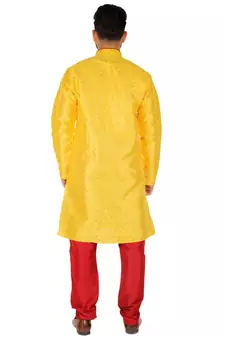 Yellow Printed Silk Kurta Pajama & Waistcoat Set For Mens
