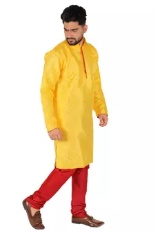 Yellow Printed Silk Kurta Pajama & Waistcoat Set For Mens