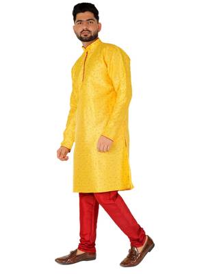 Yellow Printed Silk Kurta Pajama & Waistcoat Set For Mens 4