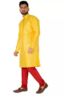 Yellow Printed Silk Kurta Pajama & Waistcoat Set For Mens