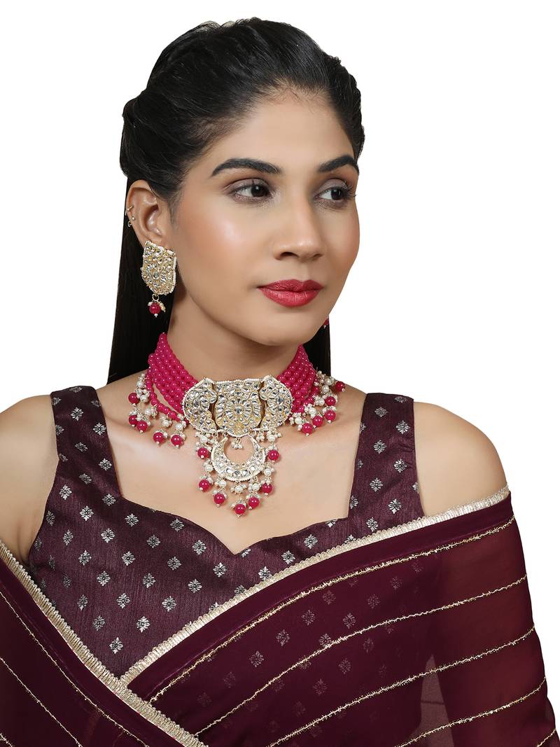 Styylo Fashion Magenta Beads String Kundan Stone Studded Choker Brass Necklace With Earring Maangtika