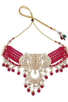 Styylo Fashion Magenta Beads String Kundan Stone Studded Choker Brass Necklace With Earring Maangtika