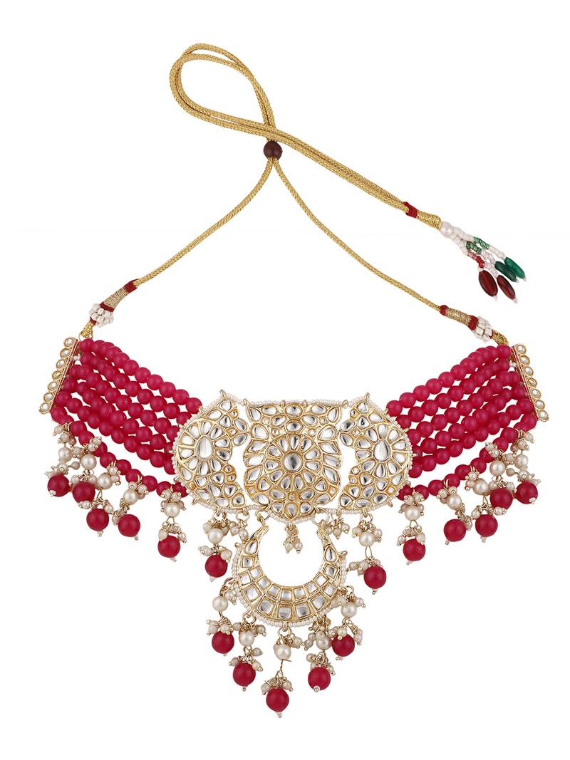 Styylo Fashion Magenta Beads String Kundan Stone Studded Choker Brass Necklace With Earring Maangtika