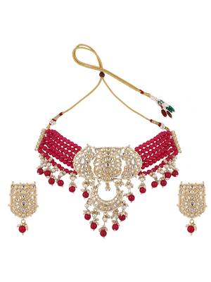 Styylo Fashion Magenta Beads String Kundan Stone Studded Choker Brass Necklace With Earring Maangtika 4