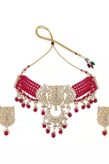 Styylo Fashion Magenta Beads String Kundan Stone Studded Choker Brass Necklace With Earring Maangtika