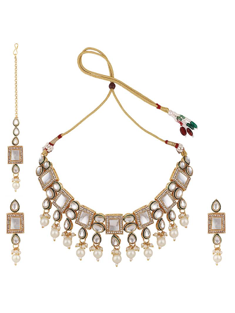 Styylo Fashion Kundan Gold Tone White Stone Studded Choker Necklace With Earring Maangtika