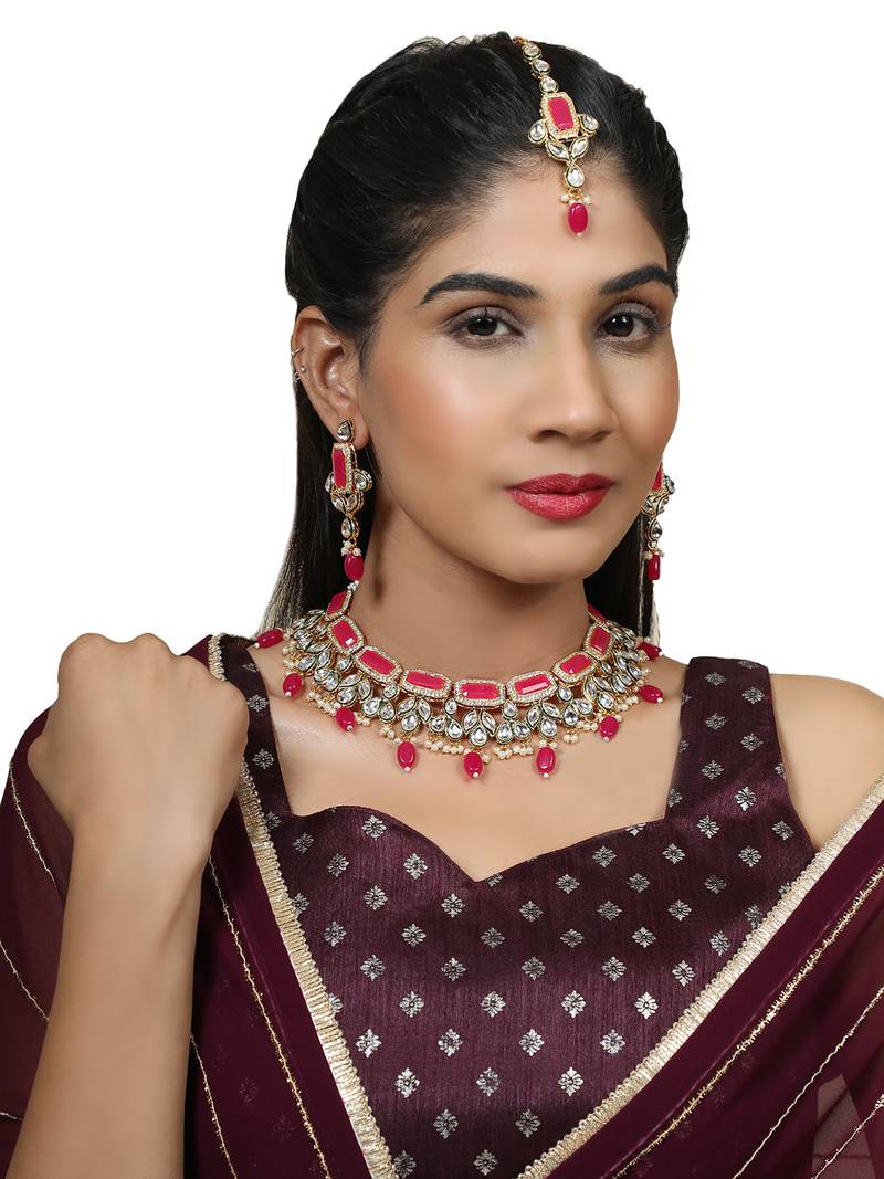 Styylo Fashion Geometric Shape Traditional Rose Pink Kundan and Beads Necklace Earring And Maangtika
