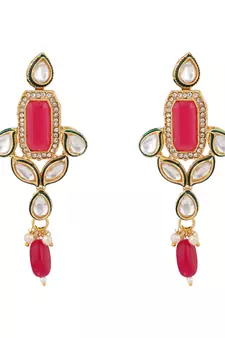 Styylo Fashion Geometric Shape Traditional Rose Pink Kundan and Beads Necklace Earring And Maangtika